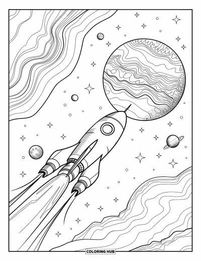 Rocket Coloring Page for Adults: A rocket approaching a giant patterned planet, surrounded by smaller celestial bodies