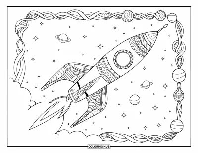 Rocket Coloring Page for Adults: A rocket with artistic patterns, surrounded by orbiting planets and a decorative border