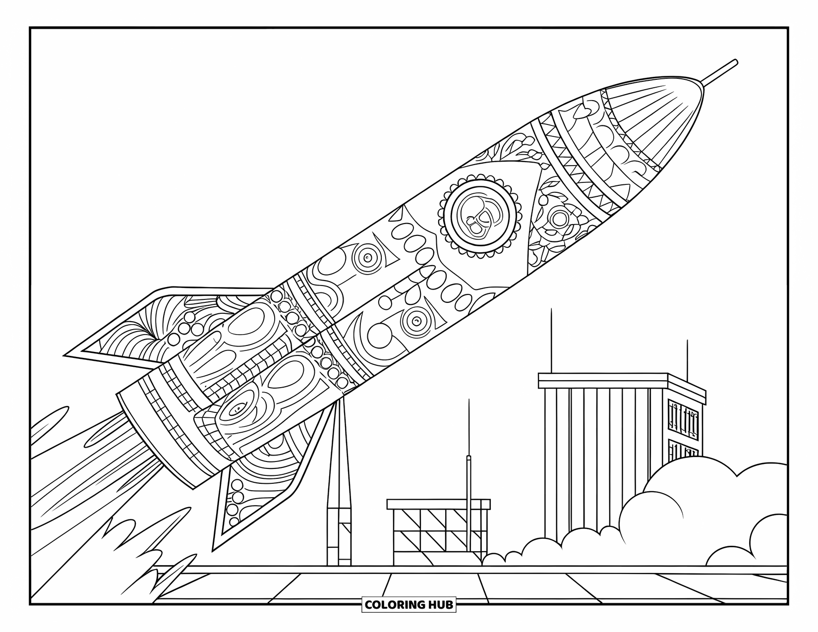 Rocket Coloring Page for Adults: A rocket with intricate artistic patterns standing on a launchpad with buildings behind
