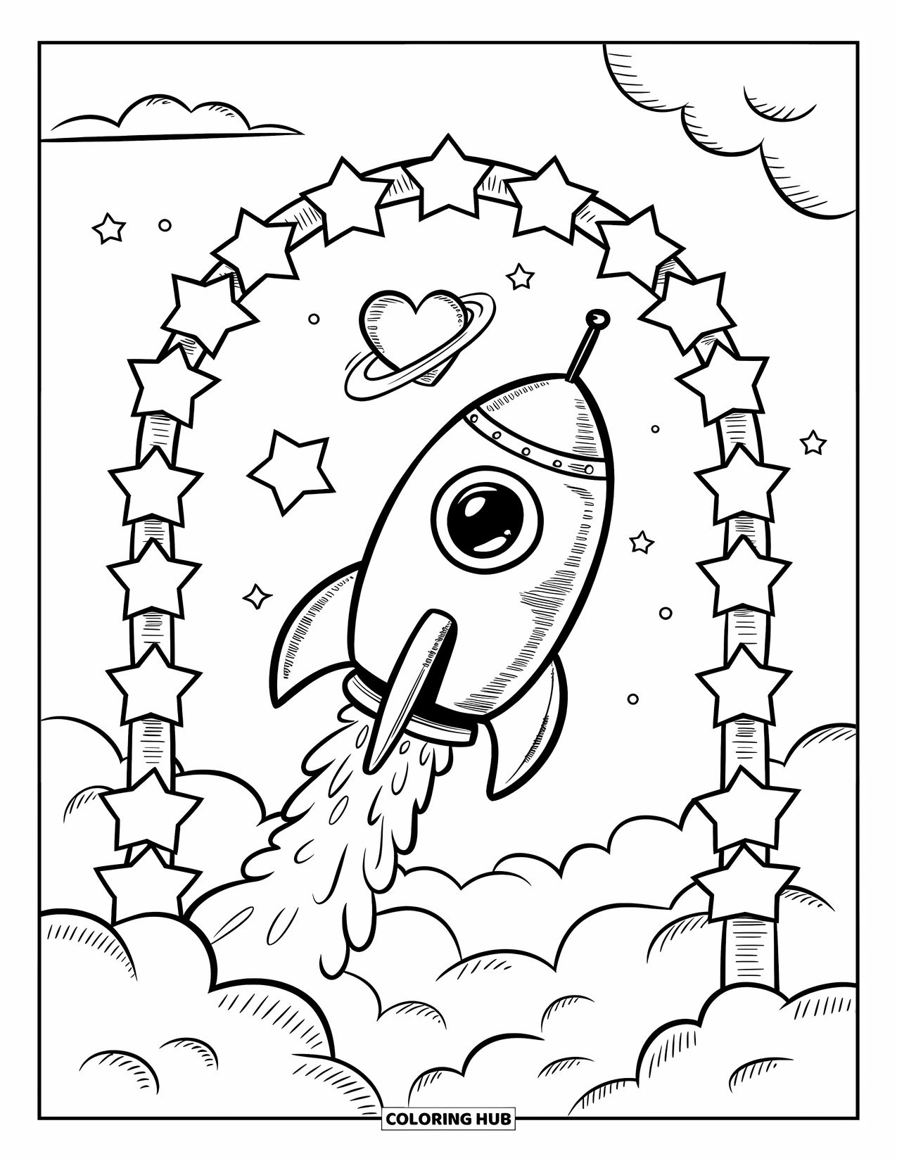 Rocket Coloring Page for Adults: A round rocket flying through a starry archway, leaving a bubbly exhaust trail