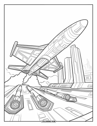 Rocket Coloring Page for Adults: A sleek spaceship taking off from a high-tech launchpad in a futuristic cityscape