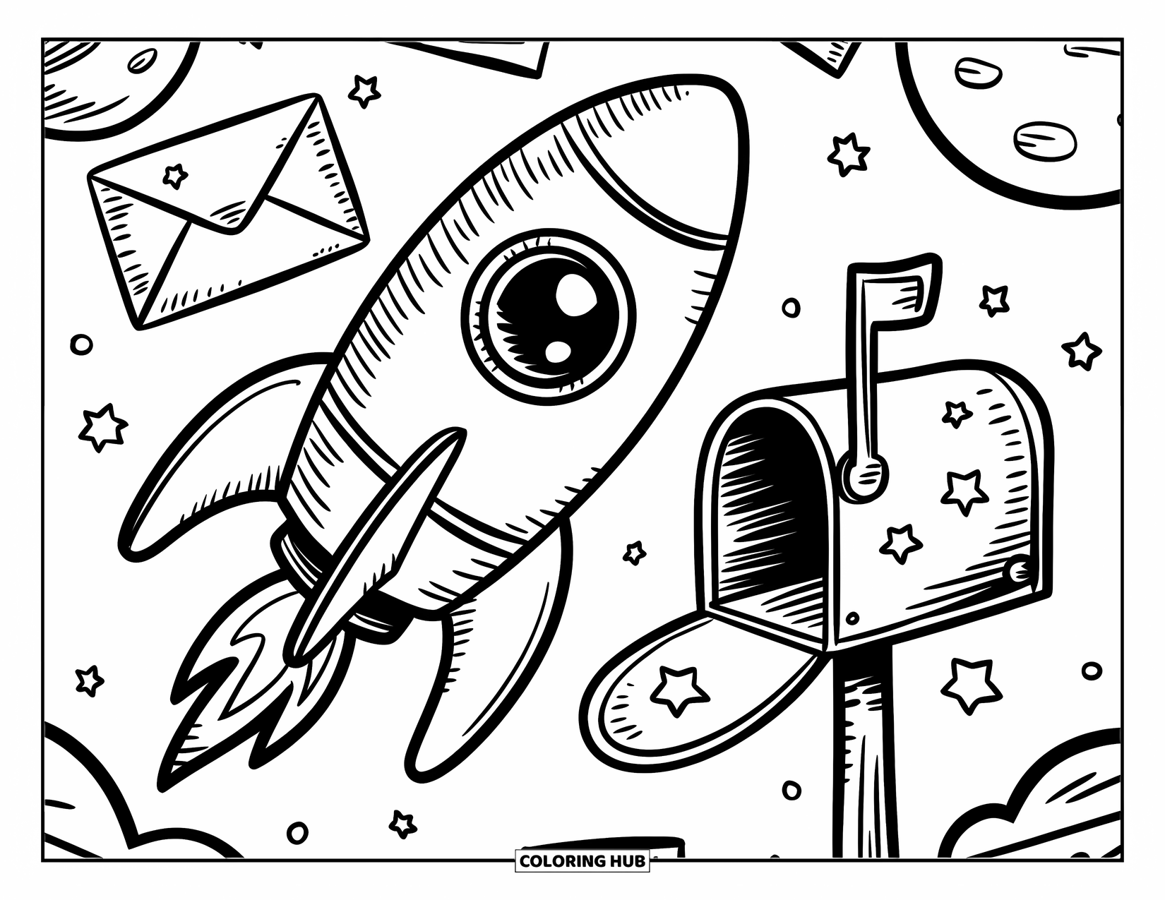 Rocket Coloring Page for Adults: A small rocket with round windows, delivering mail in space with floating notes around