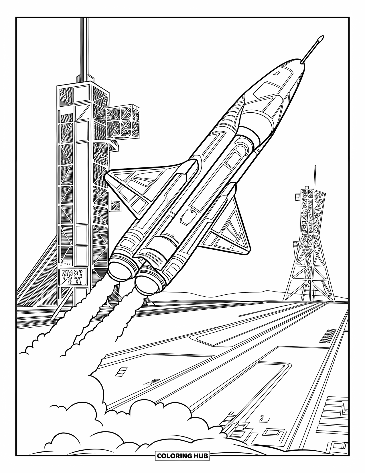 Rocket Coloring Page for Adults: A spacecraft blasting off from a launchpad filled with structures and a control tower