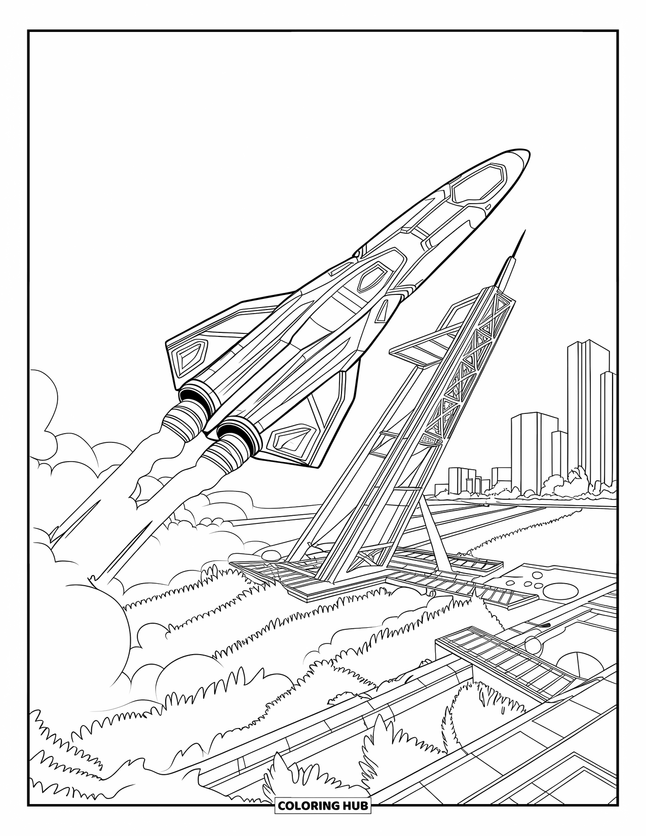 Rocket Coloring Page for Adults: A spaceship launching into the sky from an advanced platform, leaving a smoke trail