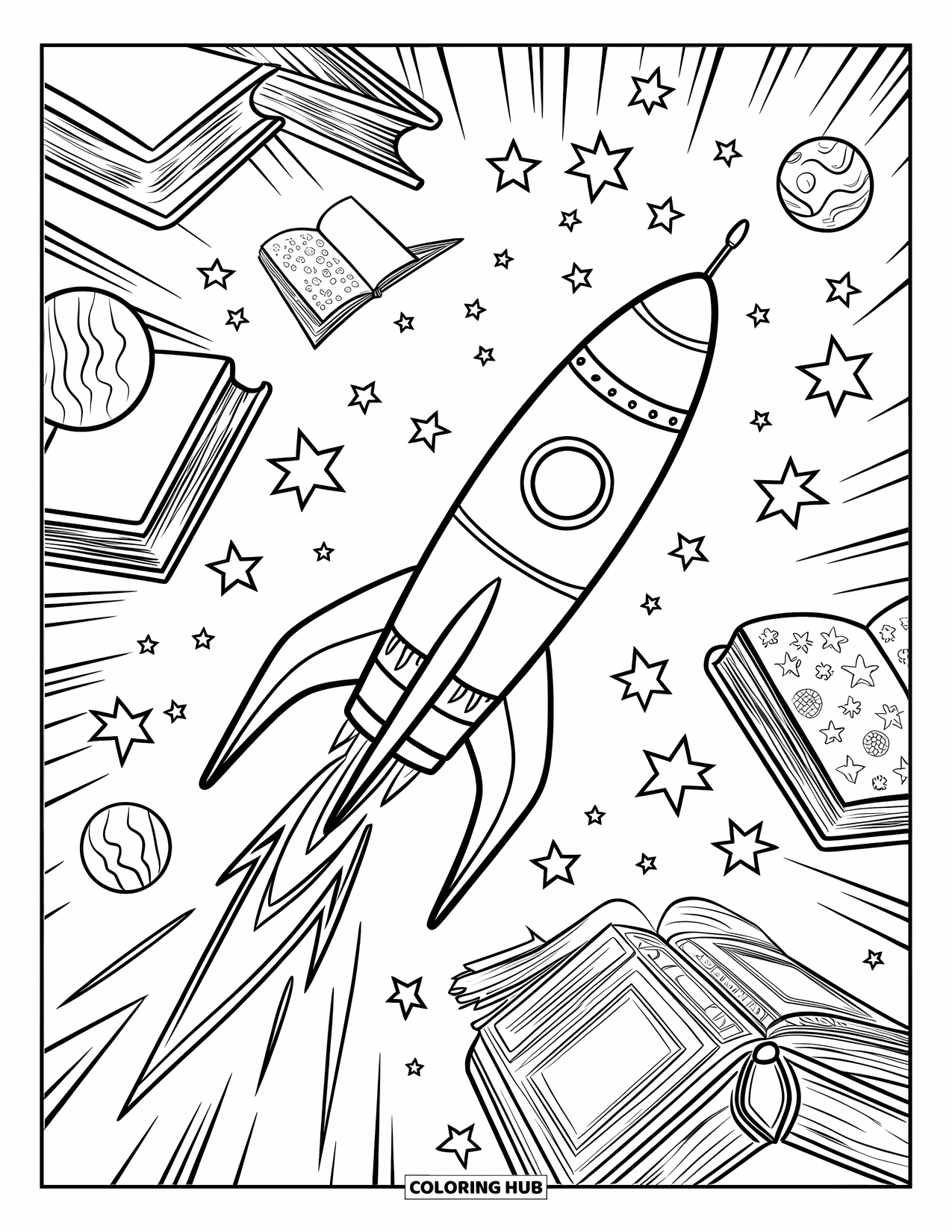 Rocket Coloring Page for Adults: A stylized rocket flying through a space filled with books, planets, and celestial shapes