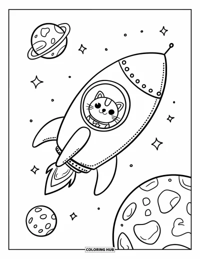 Rocket Coloring Page for Adults: A tiny astronaut cat inside a cute rocket, traveling through a galaxy of happy stars