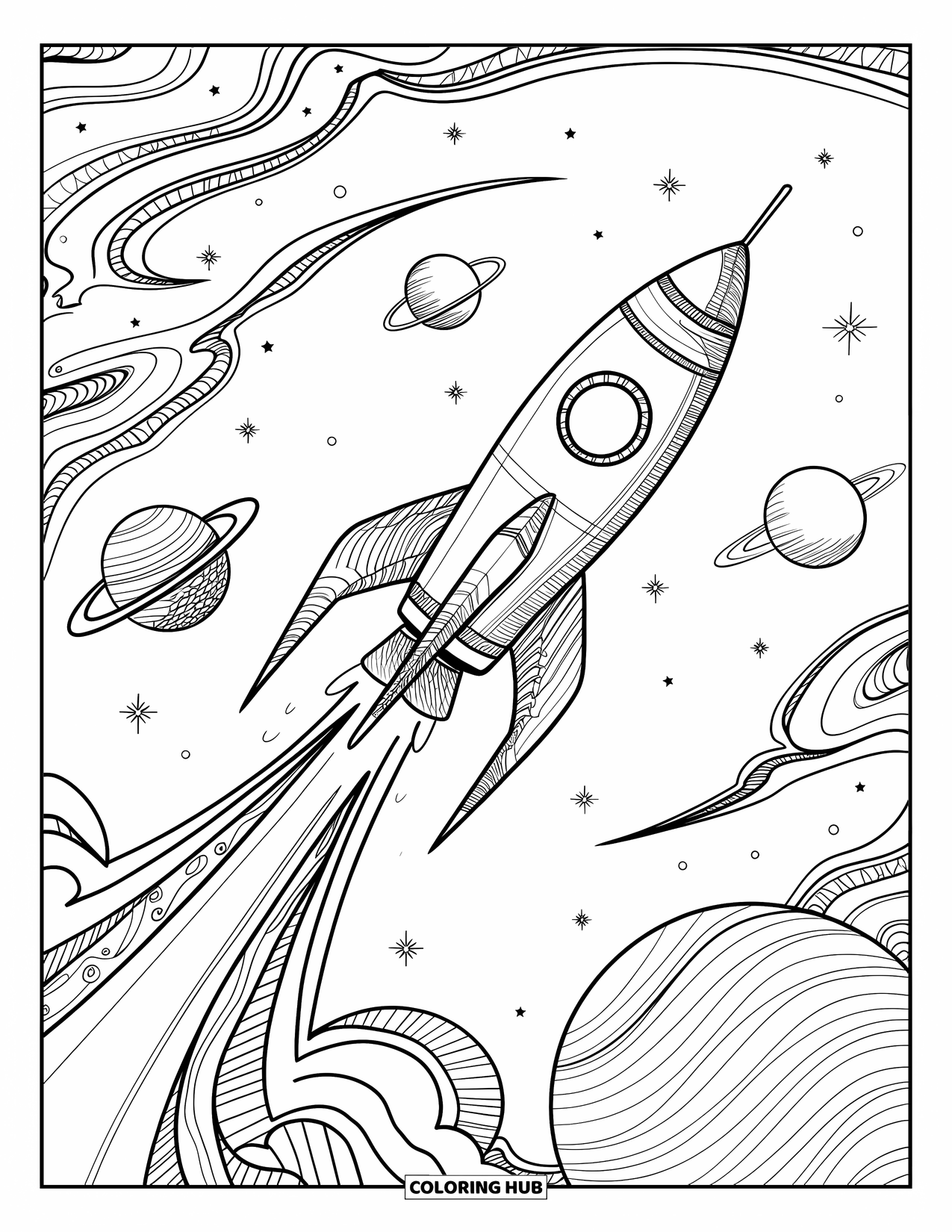 Rocket Coloring Page for Adults: A Zentangle-inspired rocket launching, surrounded by swirling stars and orbiting planets