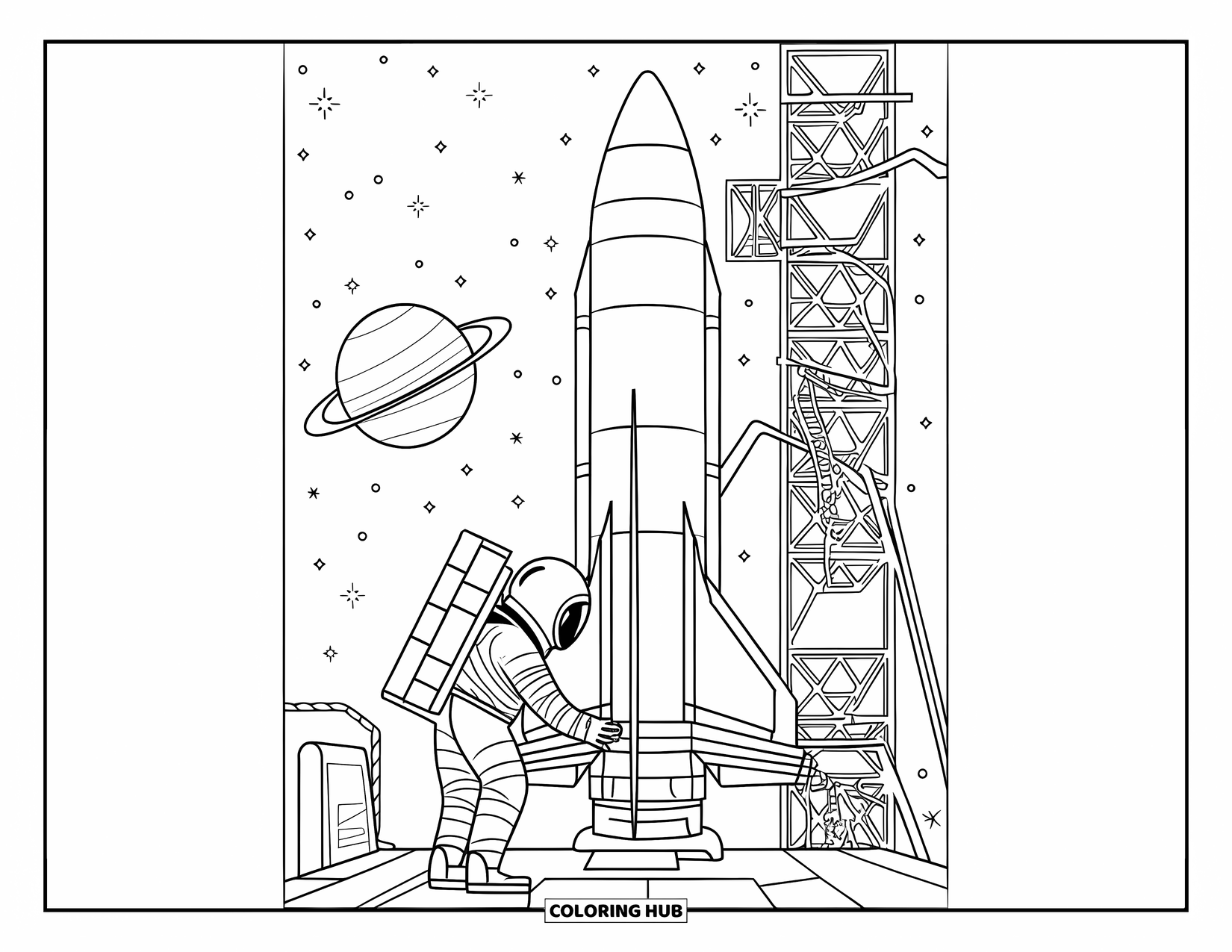 Rocket Coloring Page for Adults: An astronaut working outside a rocket, with stars and a planet in the background