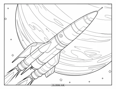 Rocket Coloring Page for Kids: A battle-ready space rocket flying toward a massive planet in a starry sky