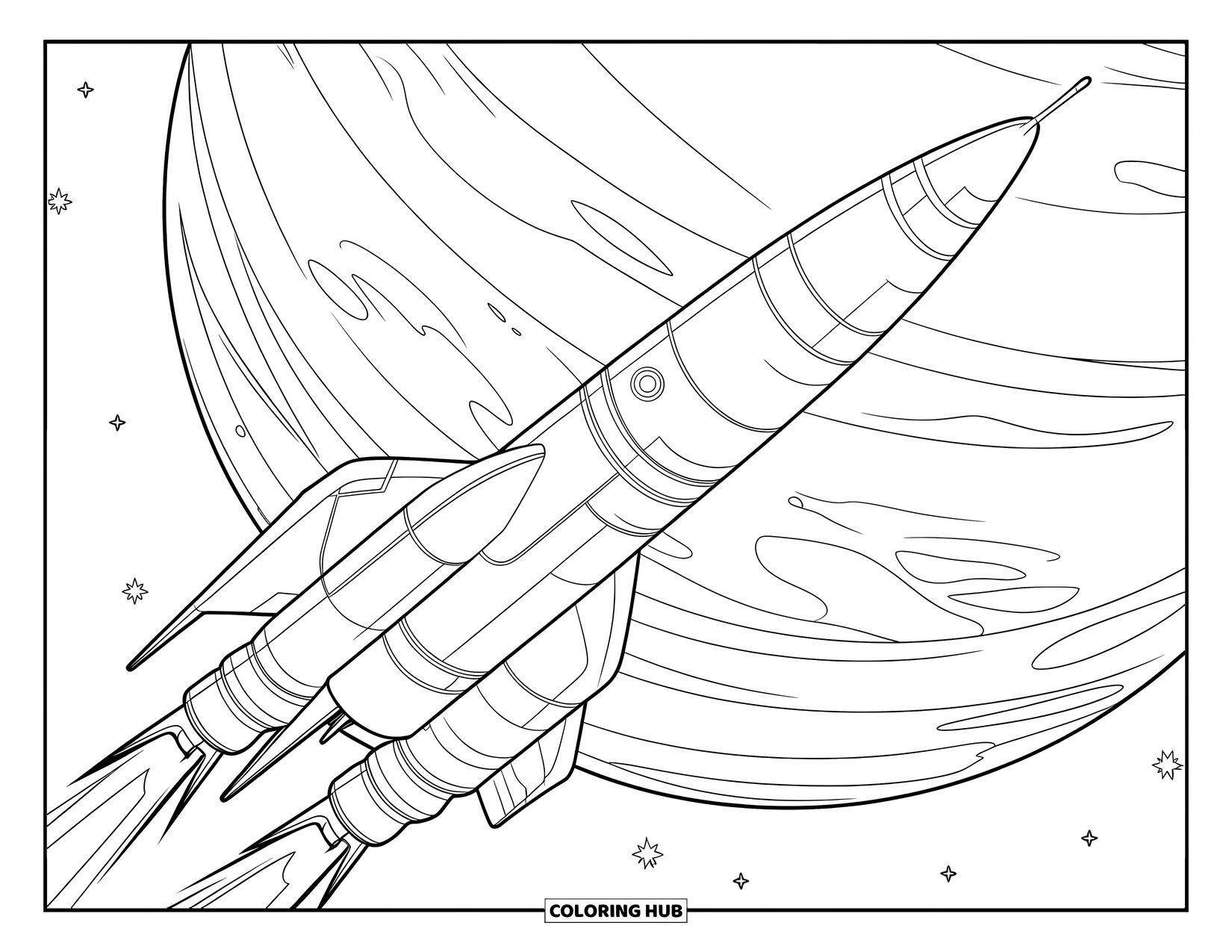 Rocket Coloring Page for Kids: A battle-ready space rocket flying toward a massive planet in a starry sky