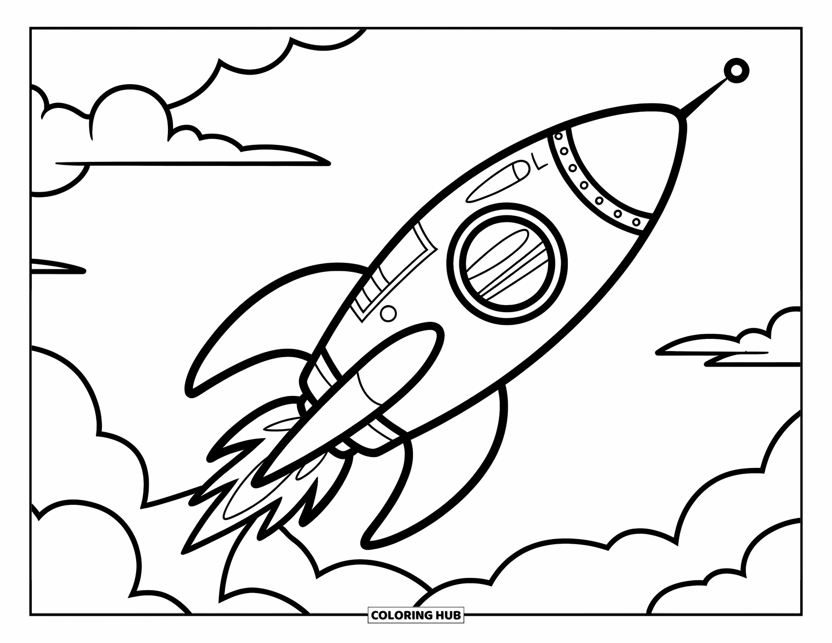 Rocket Coloring Page for Kids: A chubby rocket taking off, surrounded by fluffy clouds in a clear sky