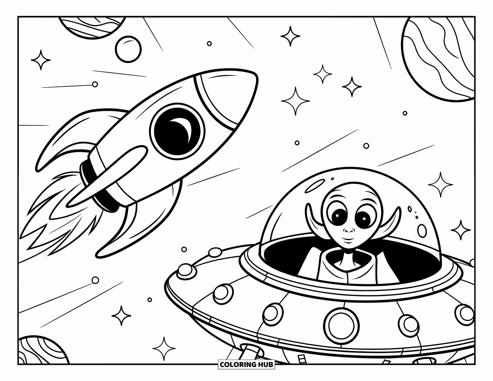 Rocket Coloring Page for Kids: A futuristic rocket flying by an alien in a UFO, surrounded by stars and planets