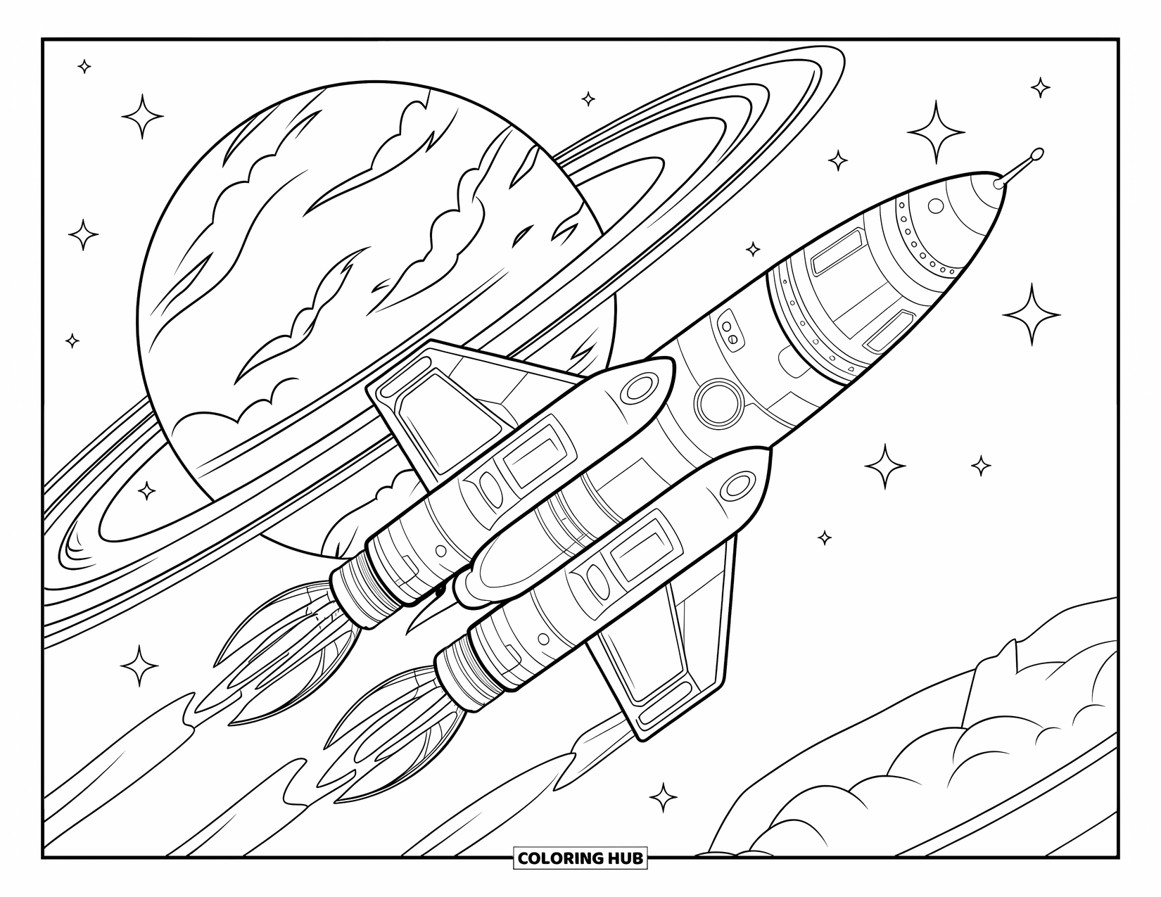 Rocket Coloring Page for Kids: A futuristic rocket with protective shields heading toward a planet surrounded by stars