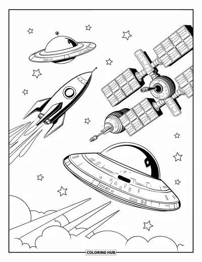 Rocket Coloring Page for Kids: A futuristic space station with a rocket and flying saucer exploring deep space