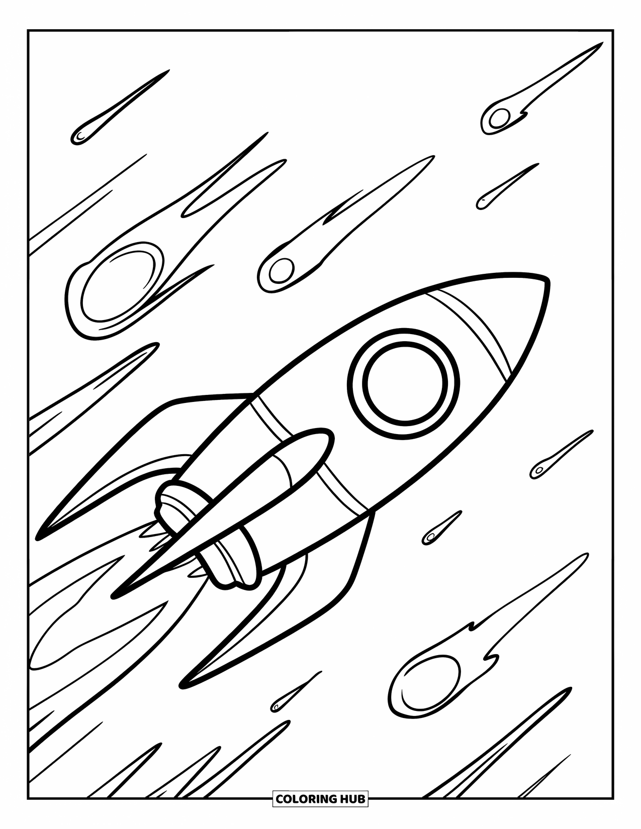 Rocket Coloring Page for Kids: A futuristic spaceship zooming through space, dodging meteors along the way