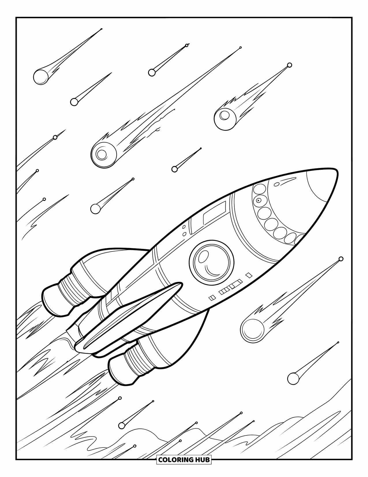 Rocket Coloring Page for Kids: A high-speed rocket maneuvering past a cluster of meteors in a white background