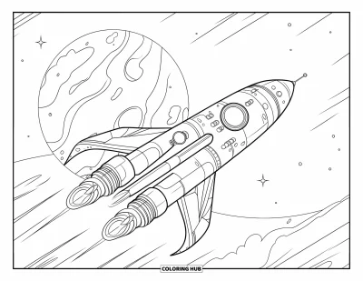 Rocket Coloring Page for Kids: A high-tech rocket with antennas and thrusters approaching a massive planet in space