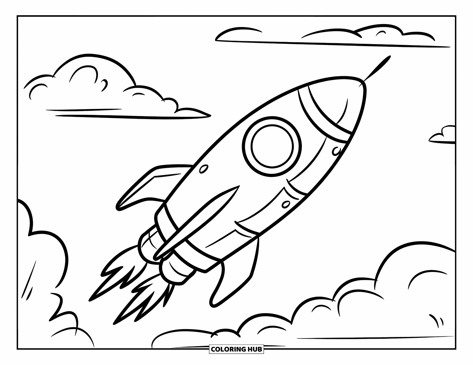 Rocket Coloring Page for Kids: A playful rocket blasting off through fluffy clouds with bold, simple lines