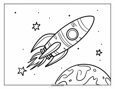 Rocket Coloring Page for Kids: A playful spaceship flying past a small planet, leaving a trail of twinkling stars