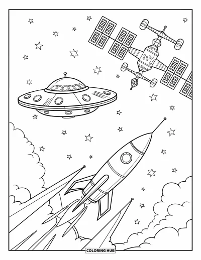 Rocket Coloring Page for Kids: A rocket and a flying saucer near a space station, floating in the vast galaxy
