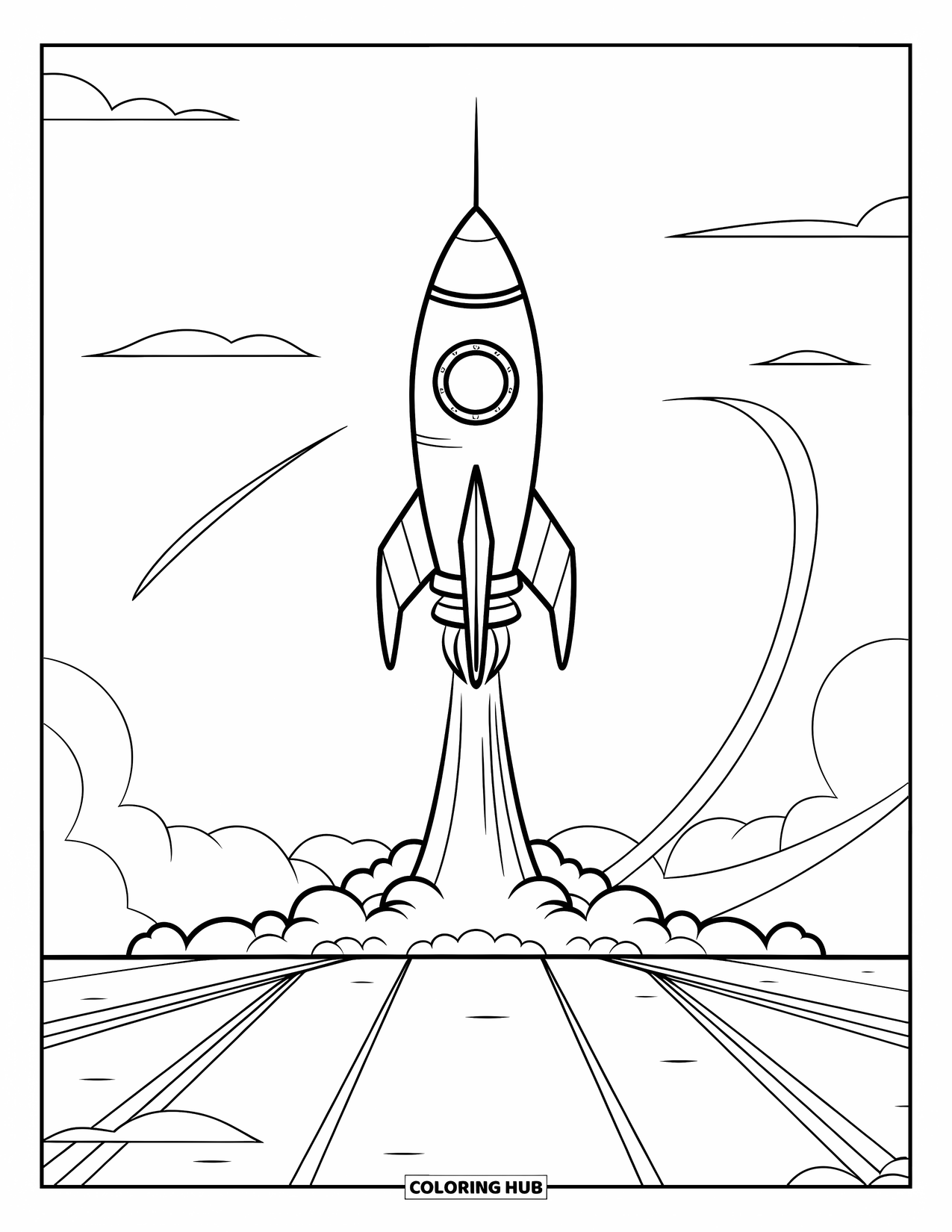 Rocket Coloring Page for Kids: A rocket blasting off from a launchpad with a curved smoke trail