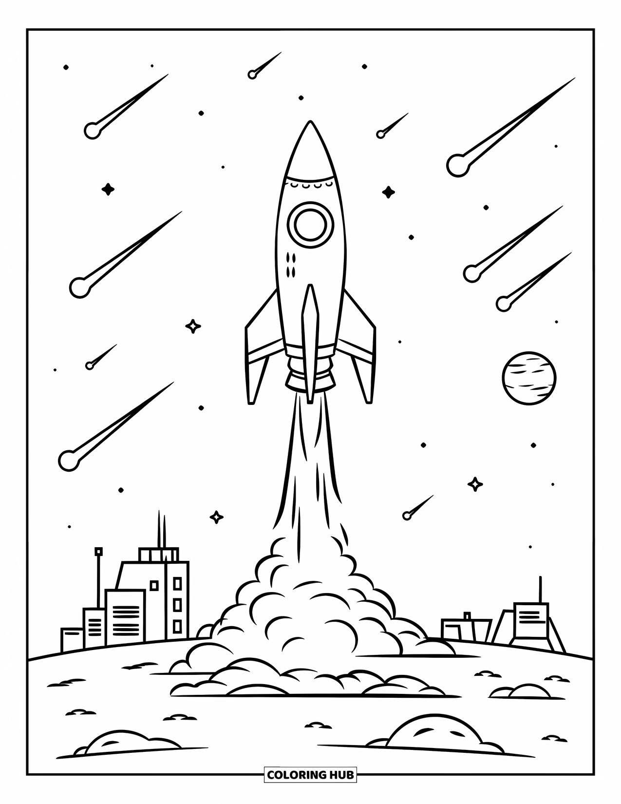 Rocket Coloring Page for Kids: A rocket blasting off from an asteroid colony with small buildings and a control tower