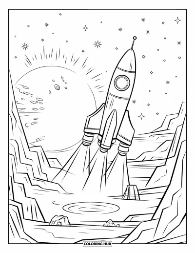 Rocket Coloring Page for Kids: A rocket landing on a distant exoplanet with mysterious cliffs and glowing lights