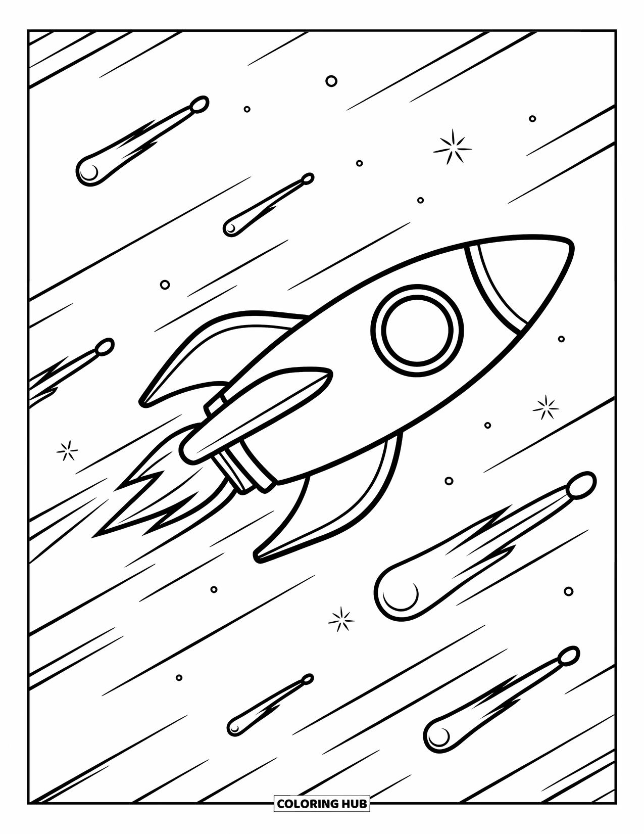Rocket Coloring Page for Kids: A rocket racing past meteors with motion lines showing its high speed