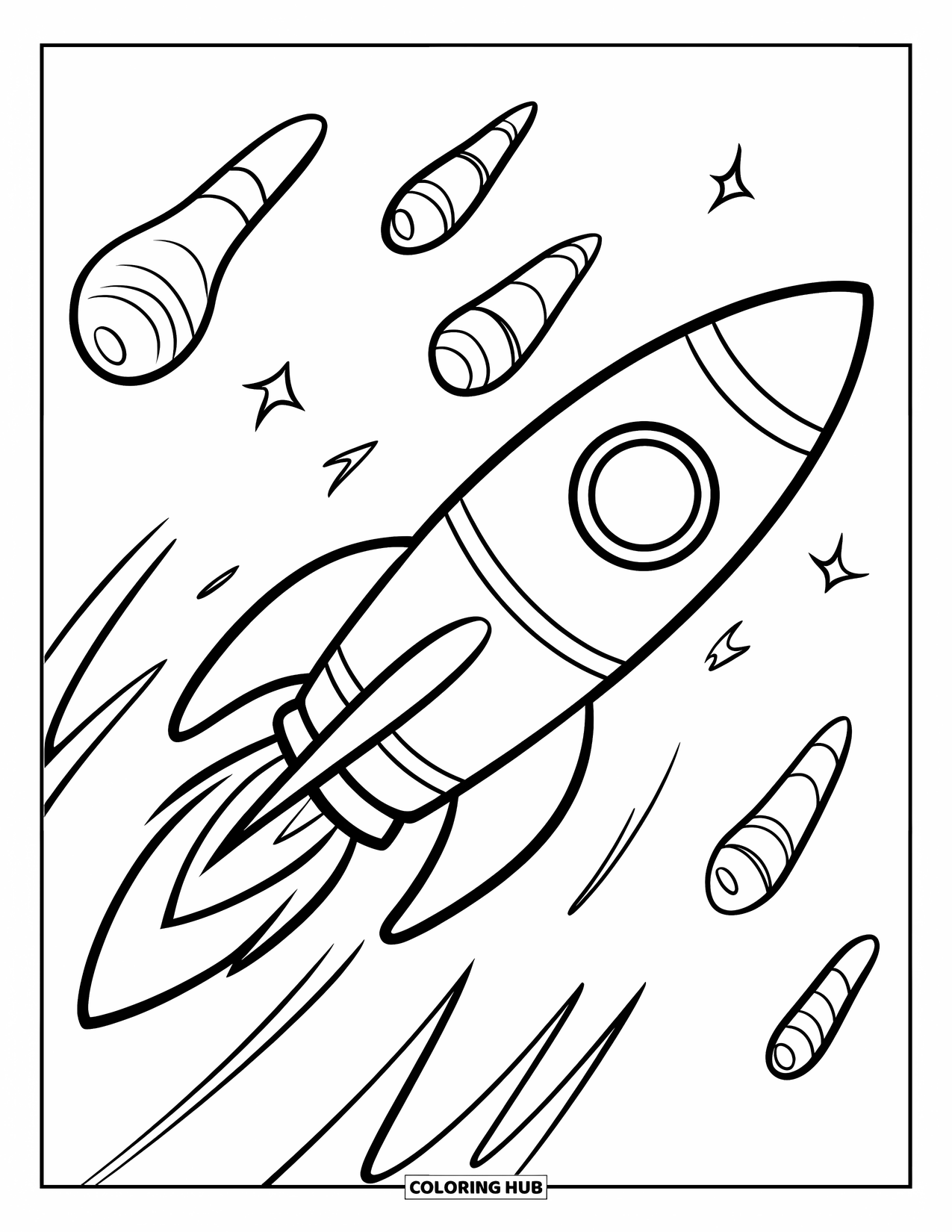 Rocket Coloring Page for Kids: A rocket racing past meteors with motion lines showing its incredible speed