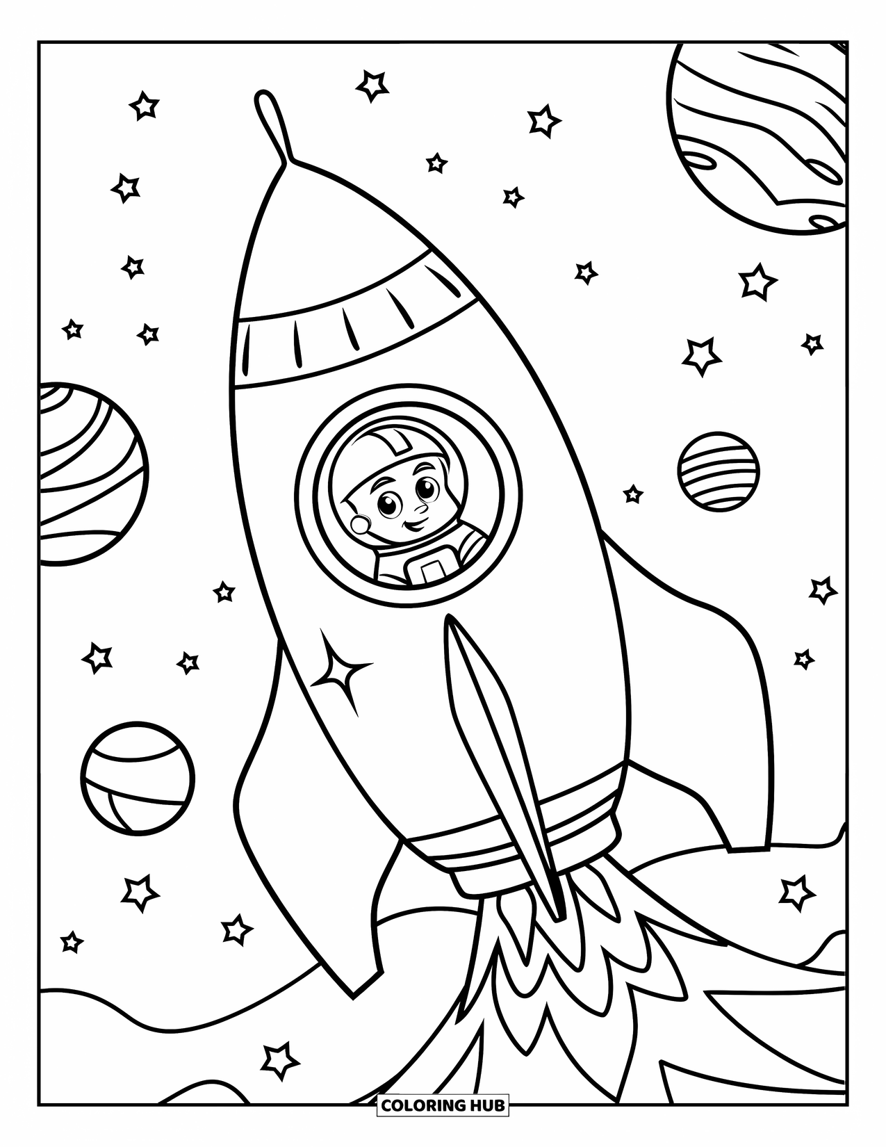 Rocket Coloring Page for Kids: A rocket soaring through space, with an astronaut looking out at the planets