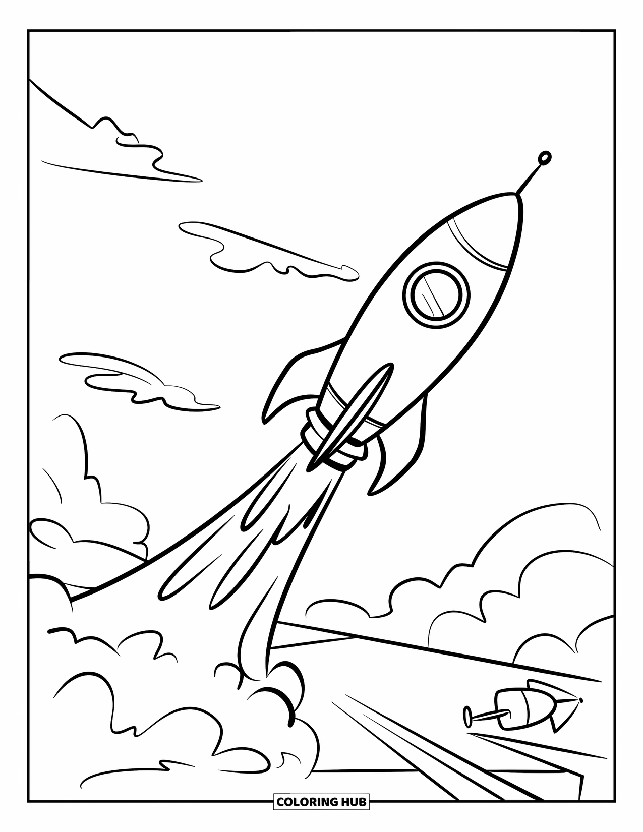 Rocket Coloring Page for Kids: A rocket taking off from a launchpad, with puffy smoke rising around it