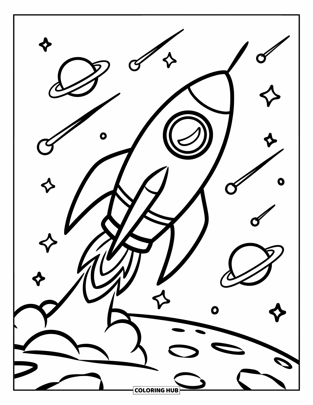 Rocket Coloring Page for Kids: A rocket taking off from an asteroid base, leaving behind a trail of smoke