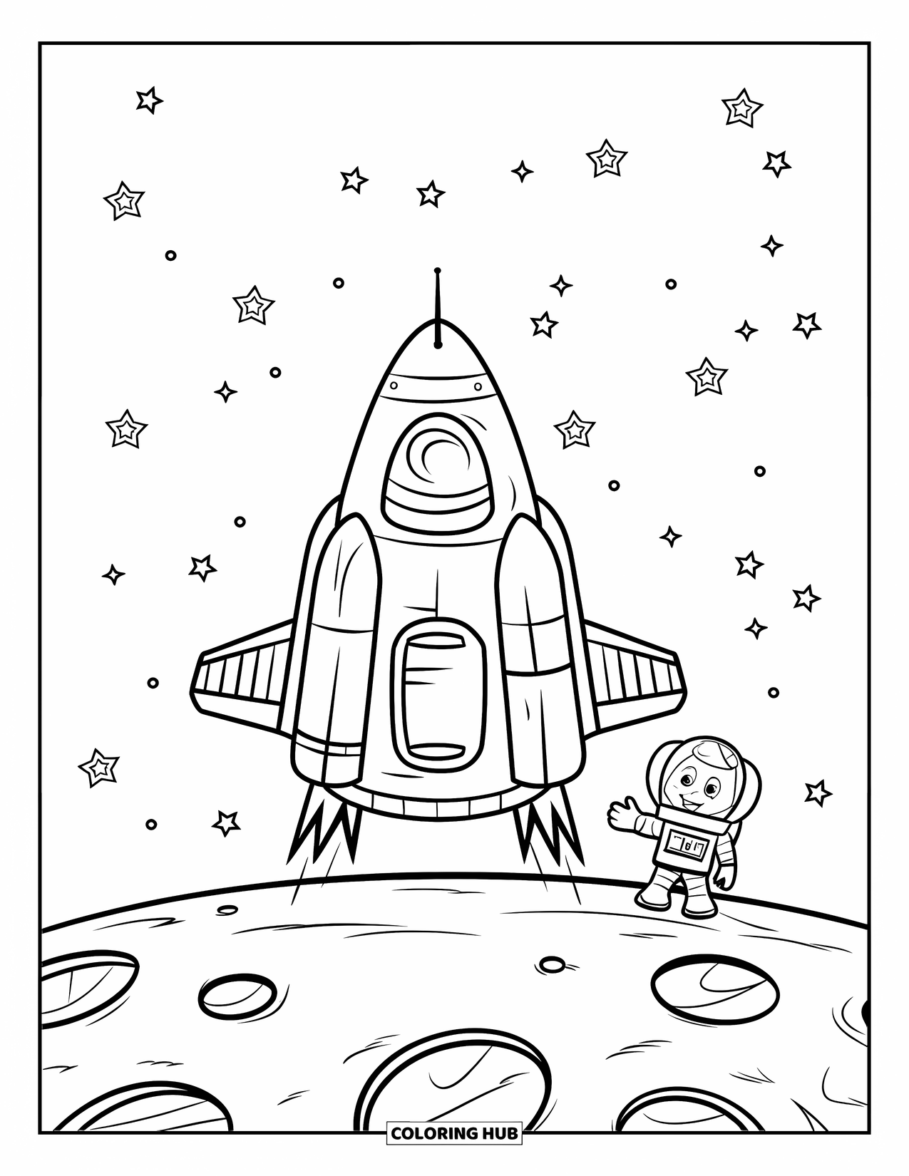 Rocket Coloring Page for Kids: A rocket touching down on the moon, surrounded by craters and stars