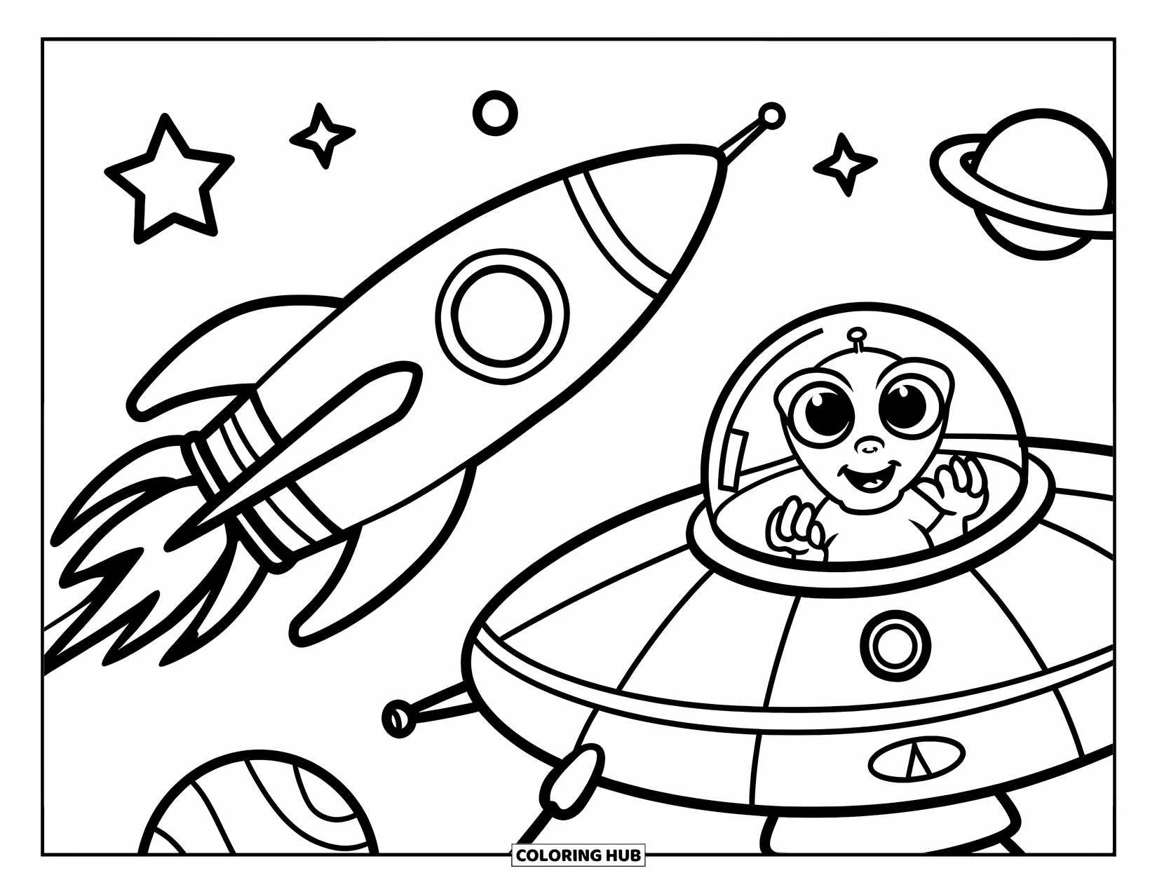 Rocket Coloring Page for Kids: A rocket with a bold path soaring past an alien smiling inside a flying saucer