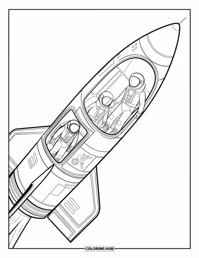 Rocket Coloring Page for Kids: A rocket with an open cockpit view, showing astronauts and control panels inside