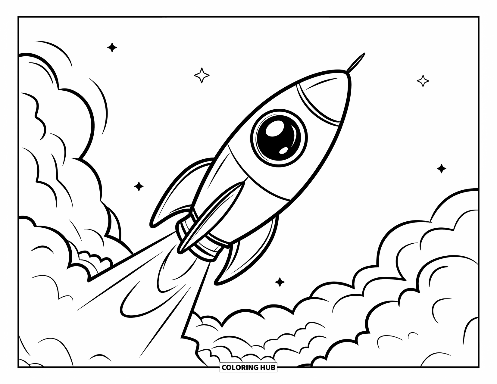 Rocket Coloring Page for Kids: A rounded rocket soaring upward with large clouds beneath it