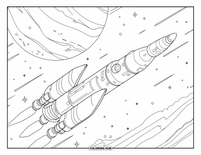 Rocket Coloring Page for Kids: A shielded rocket with thrusters soaring through space toward a distant planet