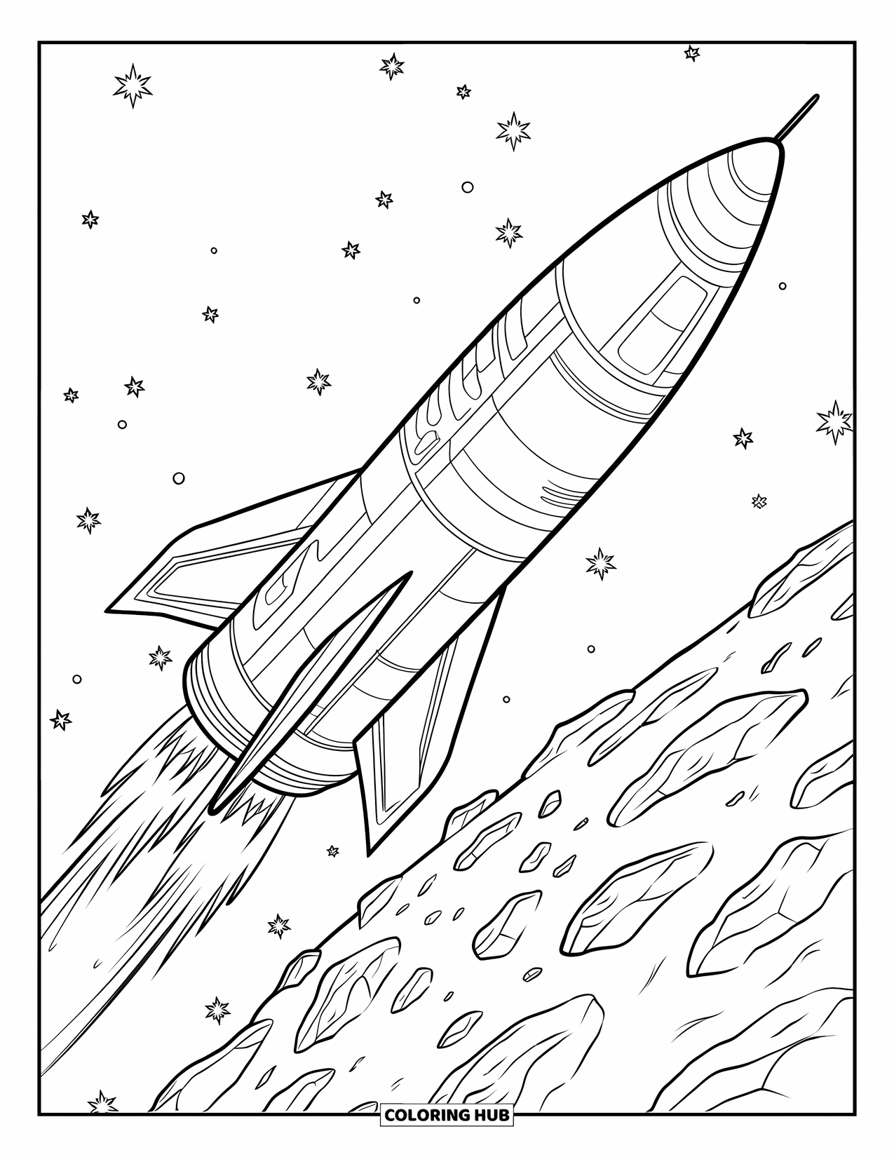 Rocket Coloring Page for Kids: A sleek, futuristic rocket soaring past a massive asteroid belt in deep space