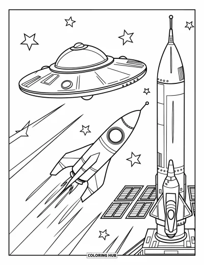 Rocket Coloring Page for Kids: A space adventure scene with a rocket, a flying saucer, and a futuristic space station