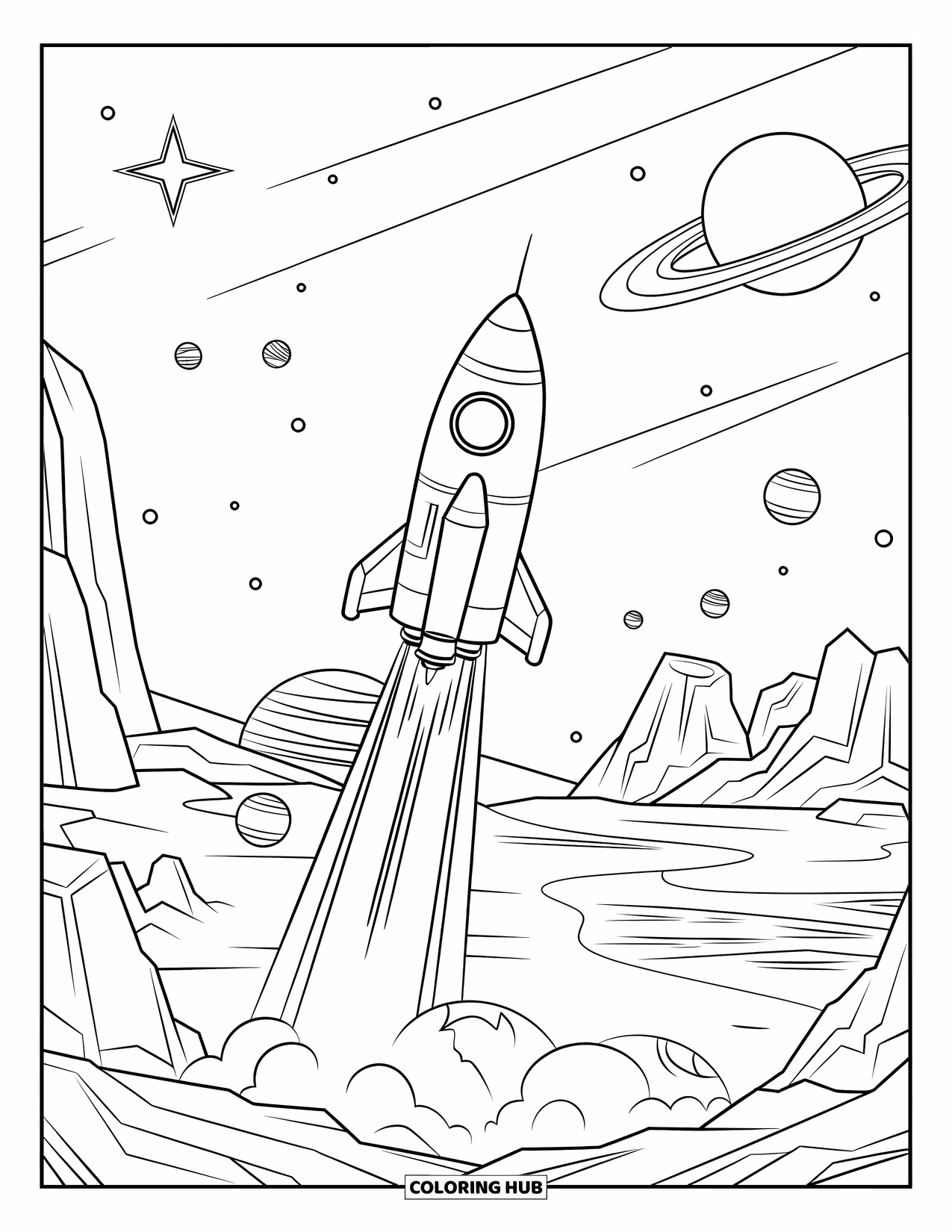 Rocket Coloring Page for Kids: A space exploration scene with a rocket landing on a planet with floating orbs