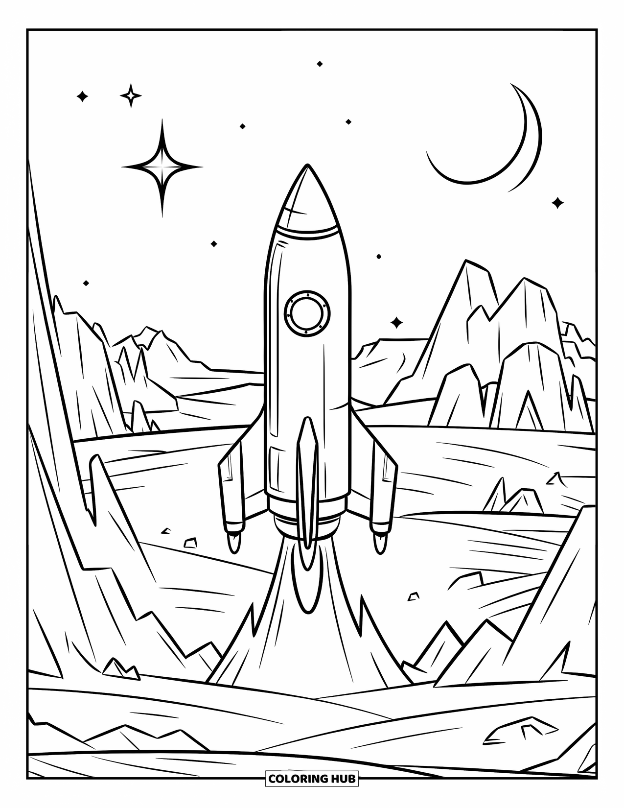 Rocket Coloring Page for Kids: A spacecraft descending onto a rocky alien world with towering mountains