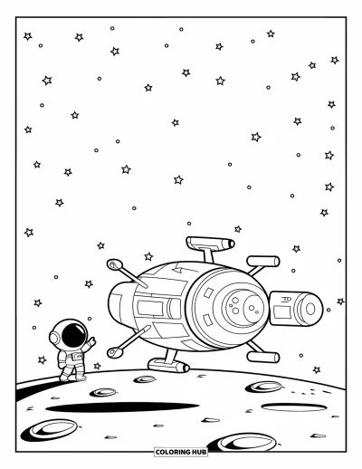 Rocket Coloring Page for Kids: A spacecraft landing on the moon with an astronaut waving at the starry sky