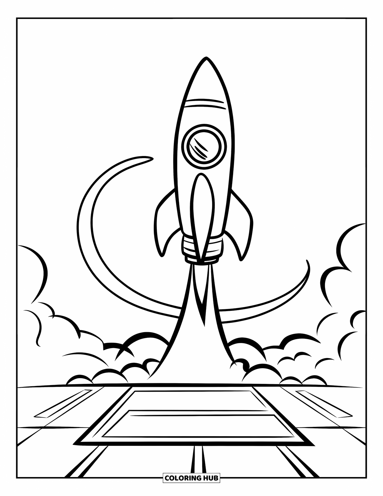 Rocket Coloring Page for Kids: A spacecraft launching into the sky, leaving a thick smoke trail