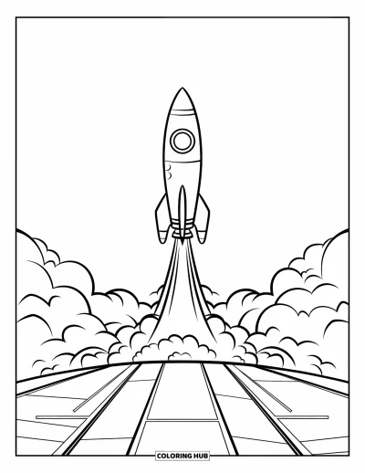 Rocket Coloring Page for Kids: A spaceship launching from a flat surface, leaving behind a long smoke trail