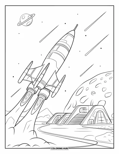 Rocket Coloring Page for Kids: A spaceship lifting off from a cratered asteroid, surrounded by tiny planets