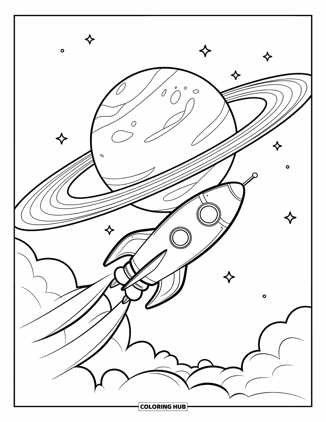 Rocket Coloring Page for Kids: A spaceship passing a giant planet with swirling rings and puffy clouds trailing behind