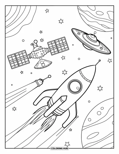 Rocket Coloring Page for Kids: A spaceship soaring toward a massive space station with a UFO nearby
