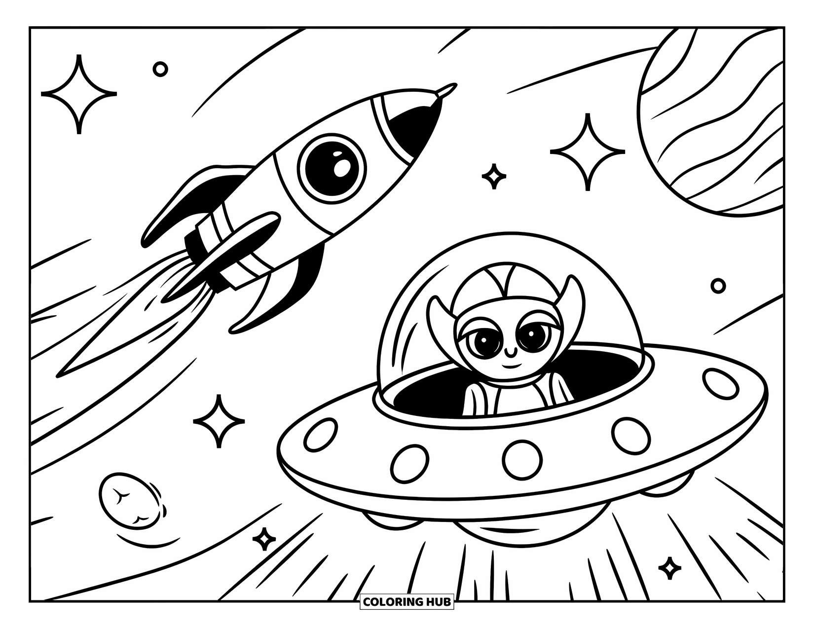 Rocket Coloring Page for Kids: A spaceship speeding by a waving alien in a round-windowed UFO