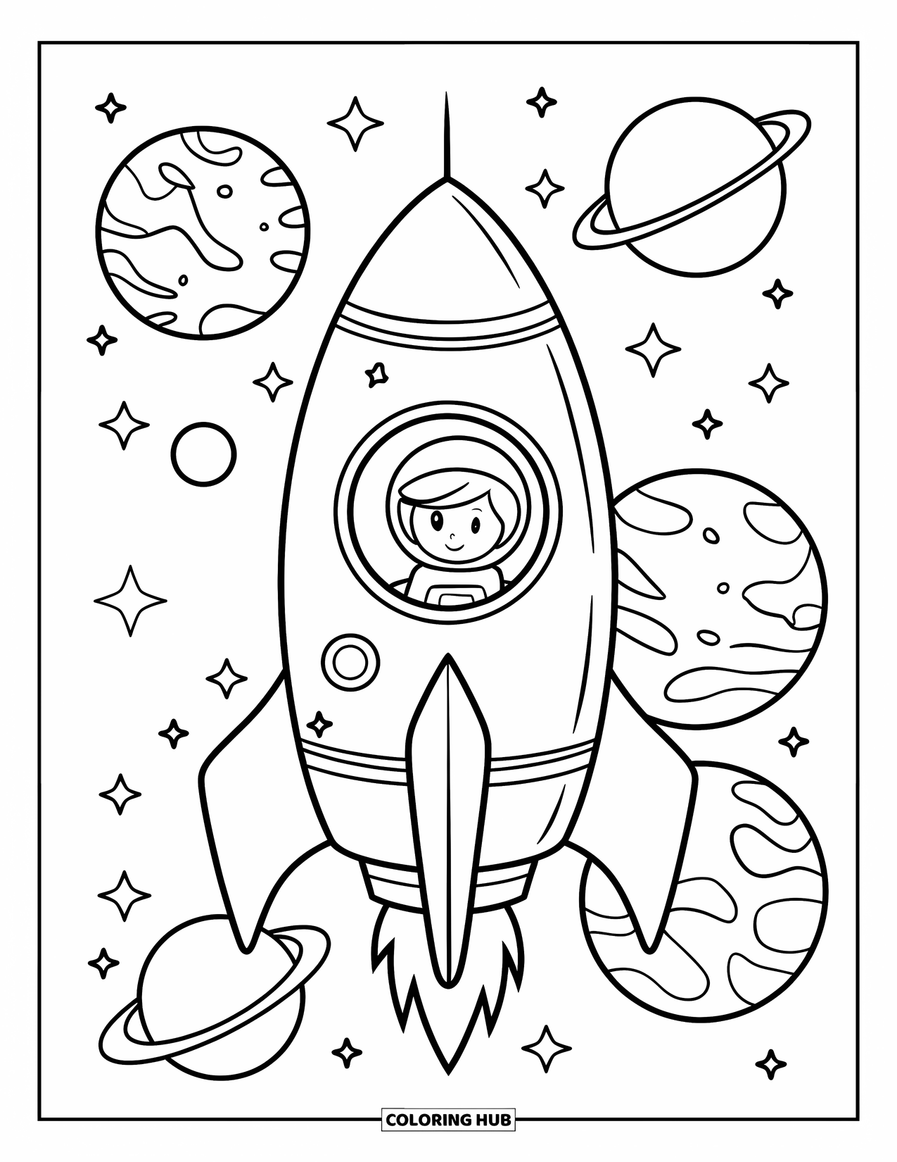 Rocket Coloring Page for Kids: A spaceship with a round window, drifting through space with twinkling stars