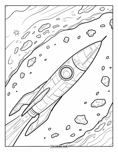 Rocket Coloring Page for Kids: A spaceship with intricate paneling navigating through a field of floating asteroids